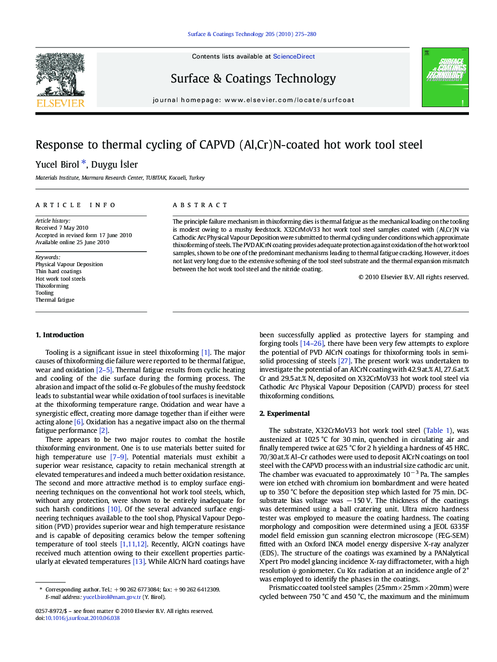 Response to thermal cycling of CAPVD (Al,Cr)N-coated hot work tool steel