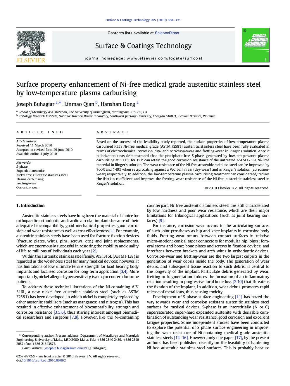 Surface property enhancement of Ni-free medical grade austenitic stainless steel by low-temperature plasma carburising