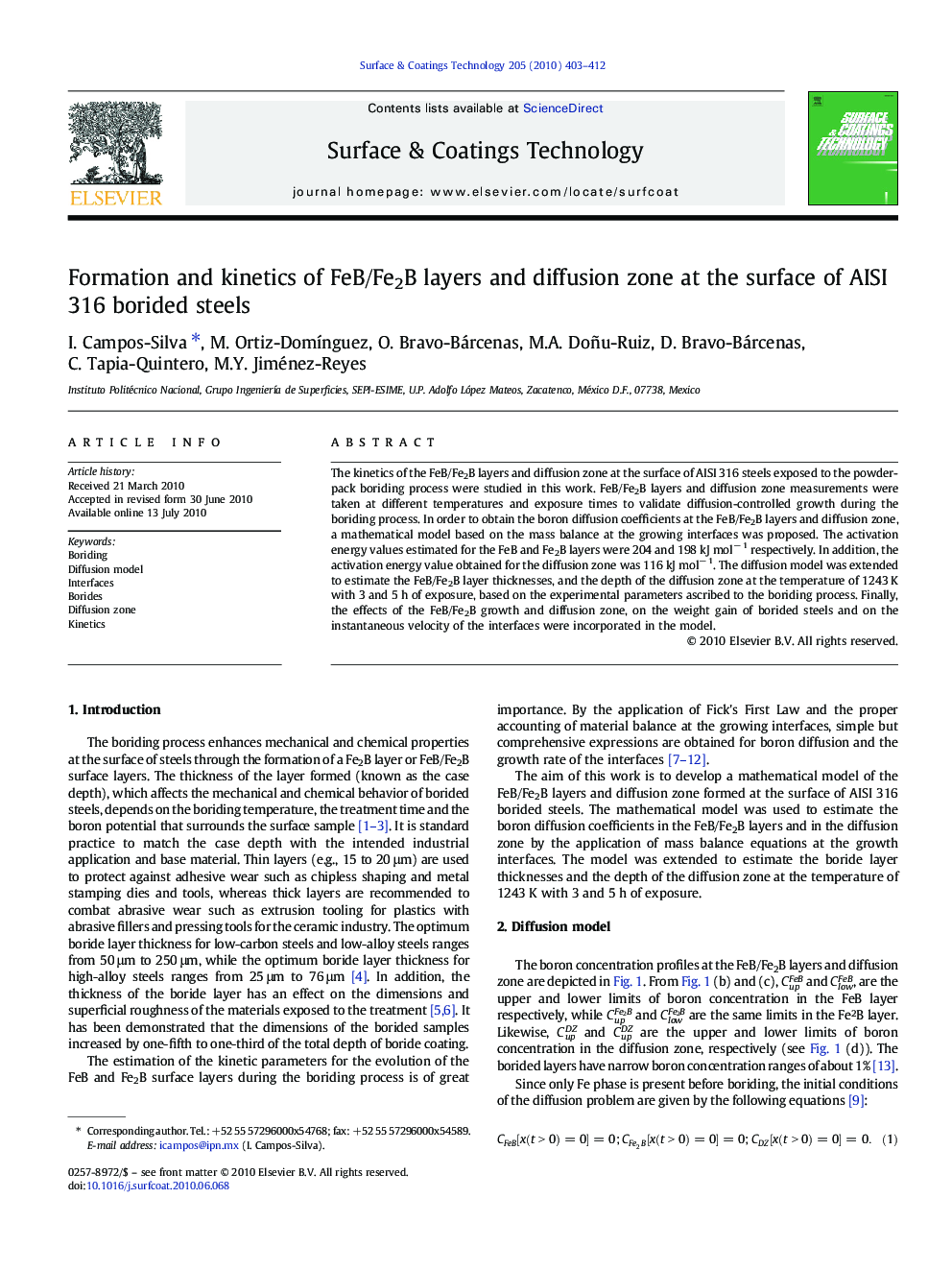 Formation and kinetics of FeB/Fe2B layers and diffusion zone at the surface of AISI 316 borided steels