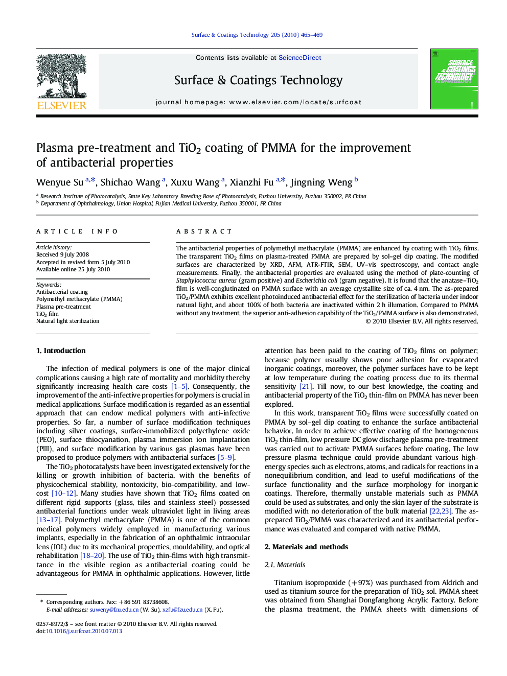 Plasma pre-treatment and TiO2 coating of PMMA for the improvement of antibacterial properties