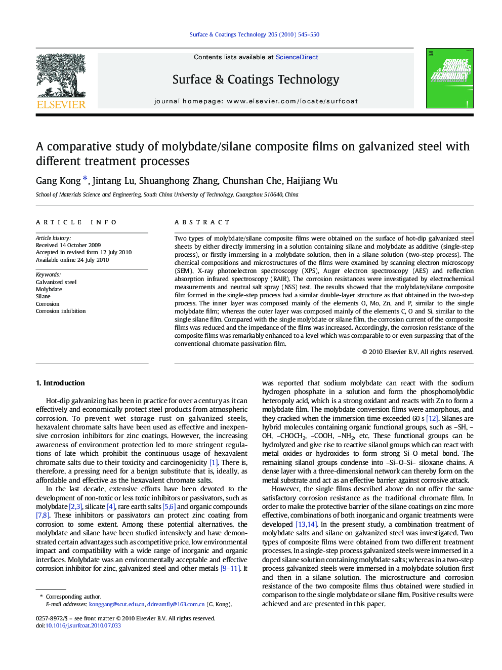 A comparative study of molybdate/silane composite films on galvanized steel with different treatment processes