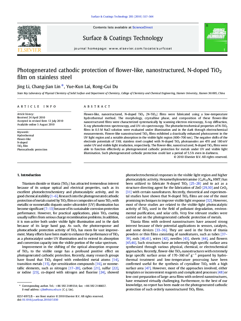 Photogenerated cathodic protection of flower-like, nanostructured, N-doped TiO2 film on stainless steel