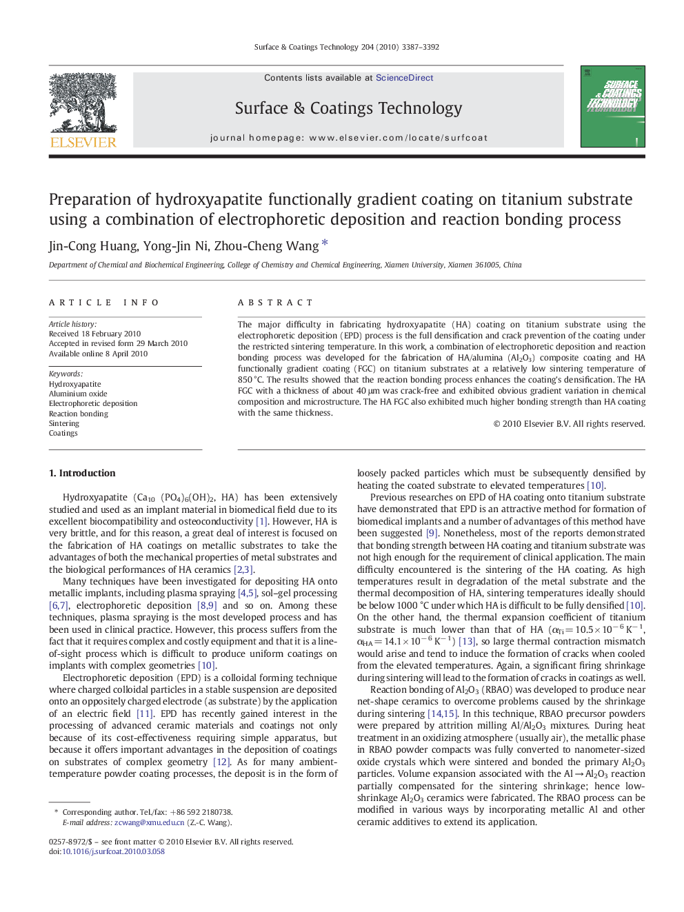 Preparation of hydroxyapatite functionally gradient coating on titanium substrate using a combination of electrophoretic deposition and reaction bonding process