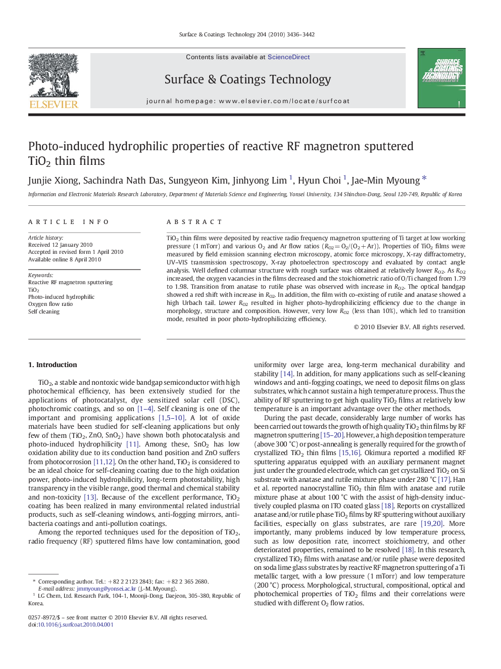 Photo-induced hydrophilic properties of reactive RF magnetron sputtered TiO2 thin films