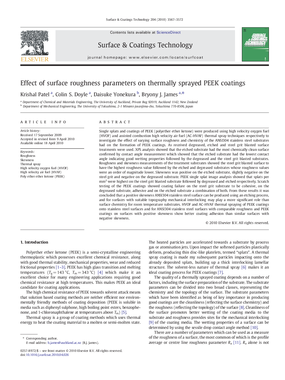 Effect of surface roughness parameters on thermally sprayed PEEK coatings