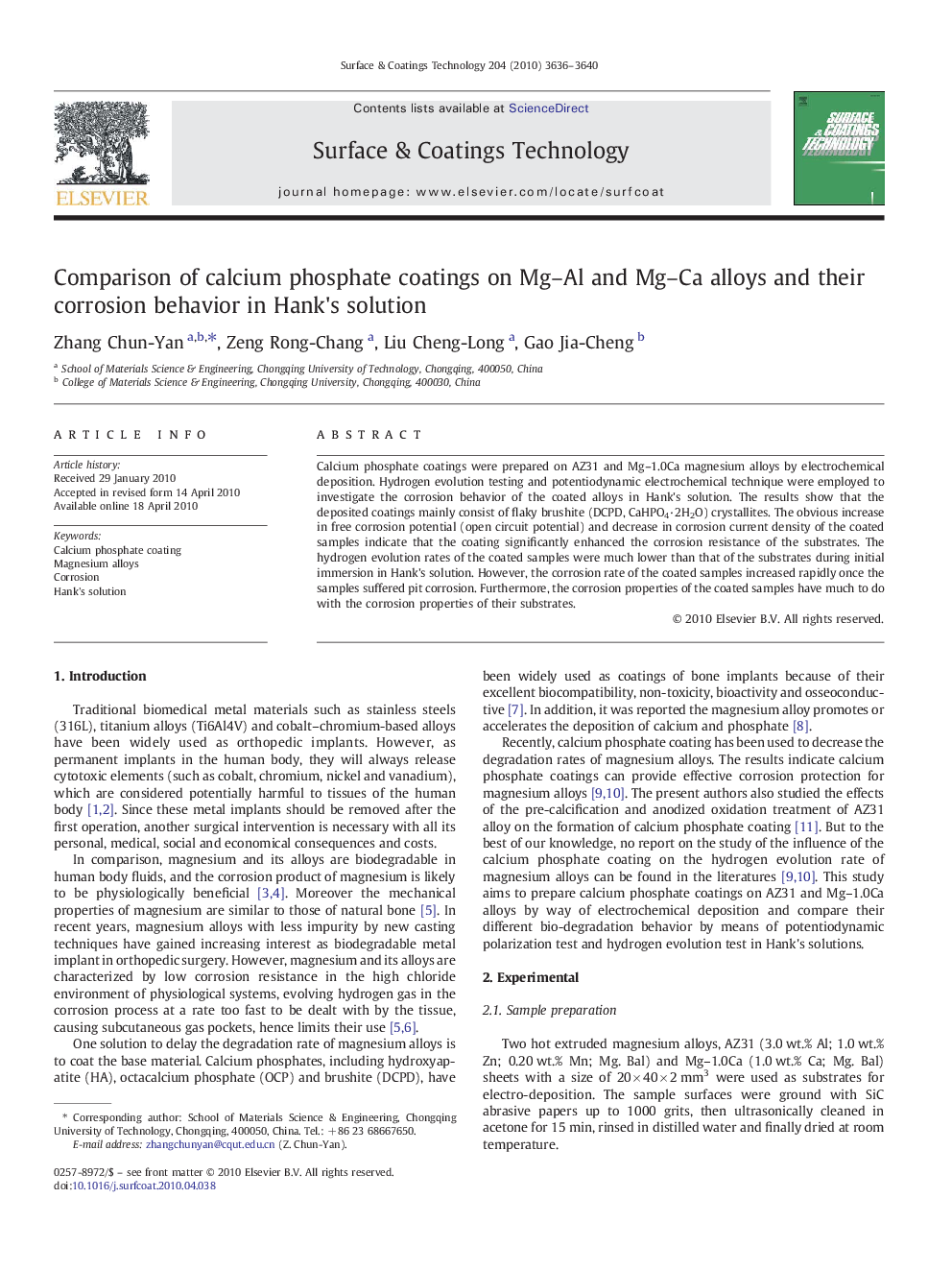 Comparison of calcium phosphate coatings on Mg–Al and Mg–Ca alloys and their corrosion behavior in Hank's solution