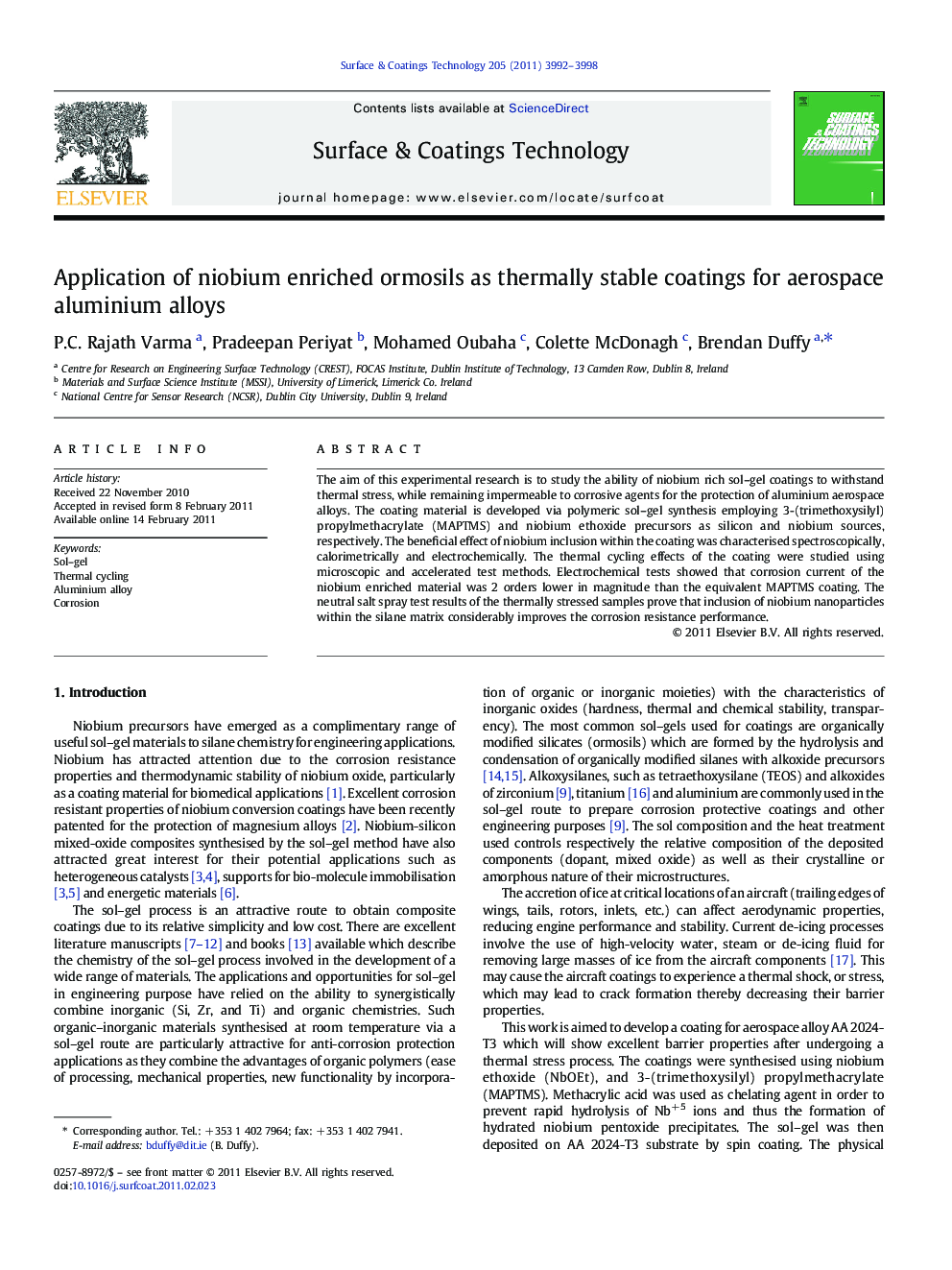 Application of niobium enriched ormosils as thermally stable coatings for aerospace aluminium alloys