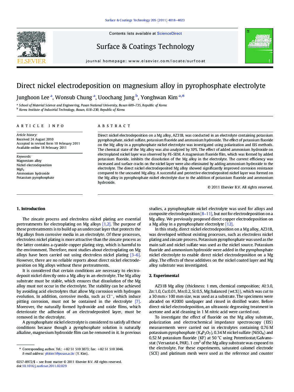 Direct nickel electrodeposition on magnesium alloy in pyrophosphate electrolyte