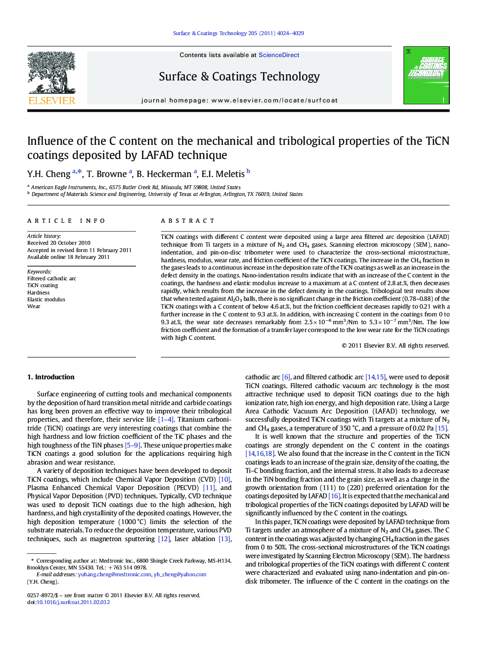 Influence of the C content on the mechanical and tribological properties of the TiCN coatings deposited by LAFAD technique