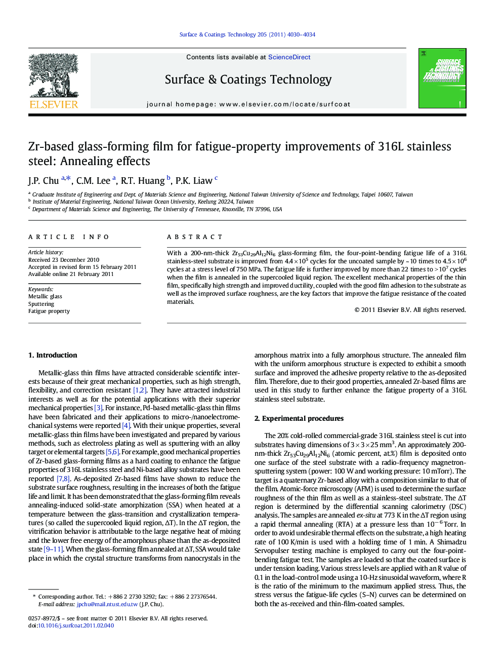 Zr-based glass-forming film for fatigue-property improvements of 316L stainless steel: Annealing effects