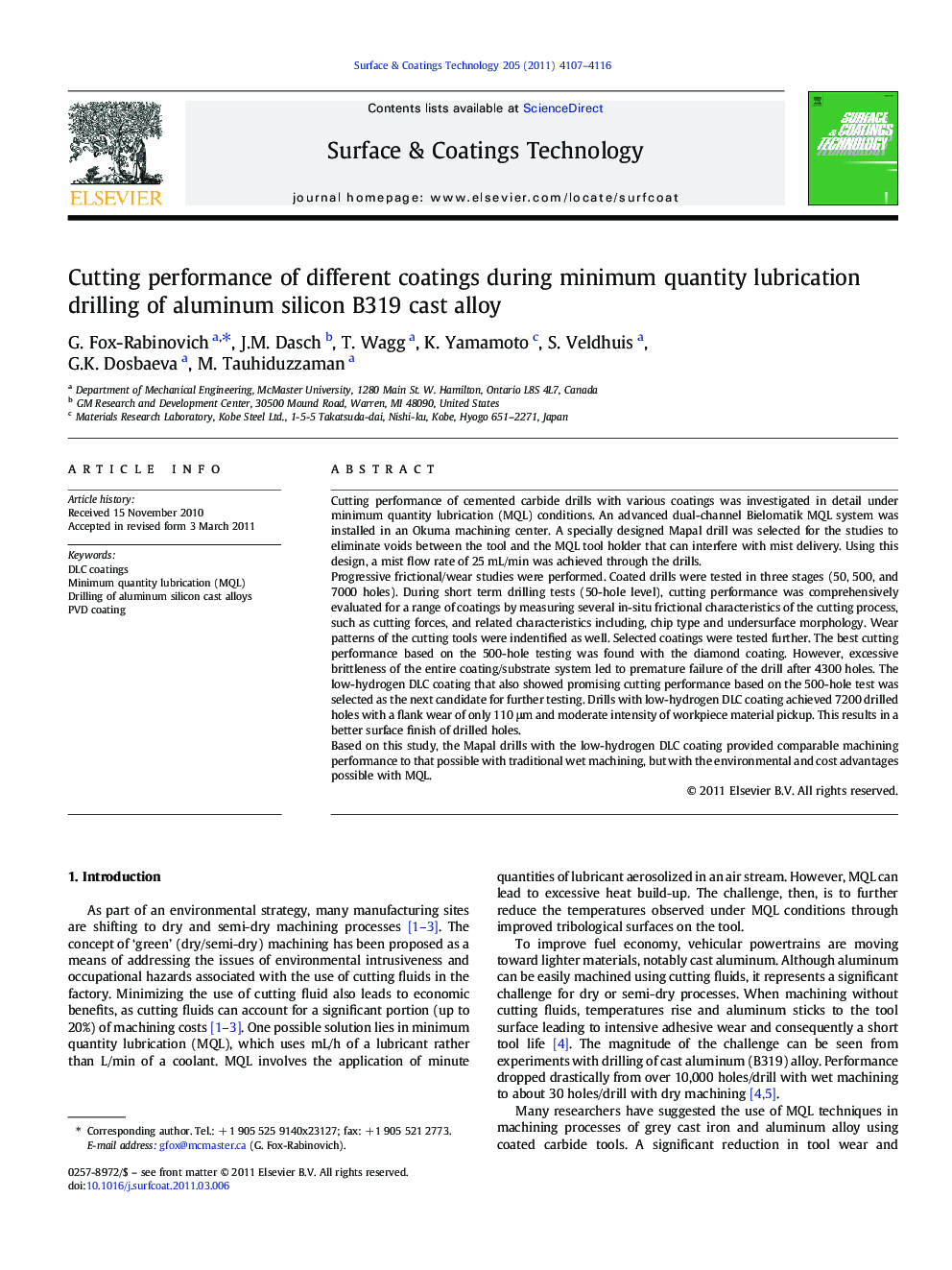 Cutting performance of different coatings during minimum quantity lubrication drilling of aluminum silicon B319 cast alloy