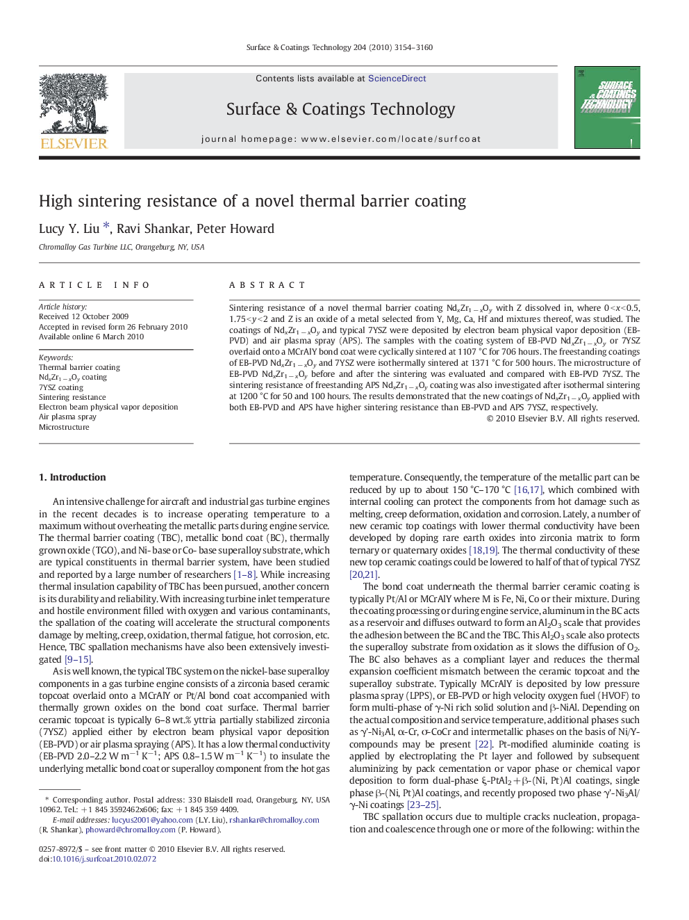 High sintering resistance of a novel thermal barrier coating