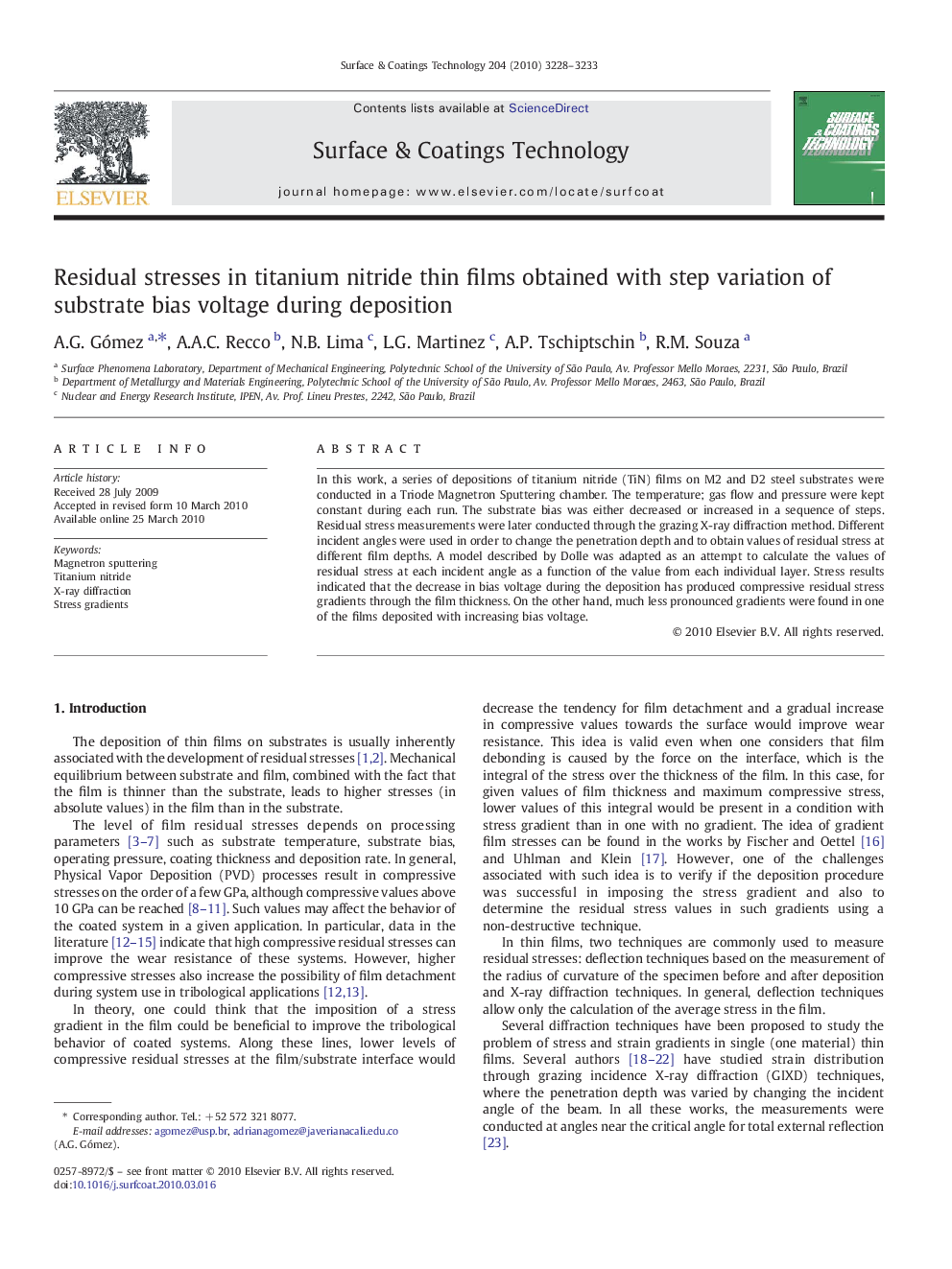 Residual stresses in titanium nitride thin films obtained with step variation of substrate bias voltage during deposition