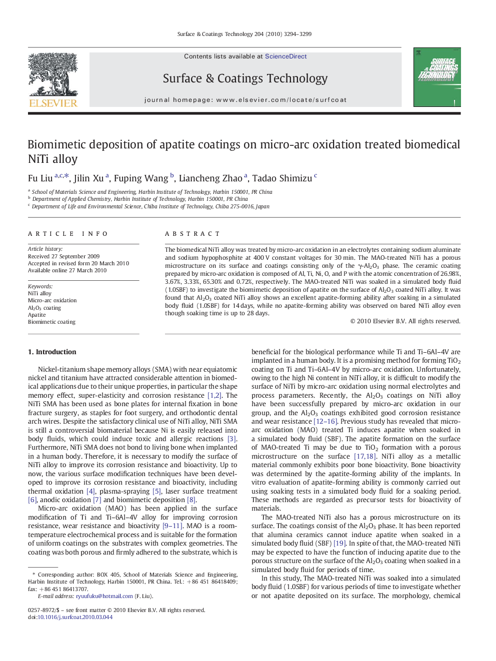 Biomimetic deposition of apatite coatings on micro-arc oxidation treated biomedical NiTi alloy