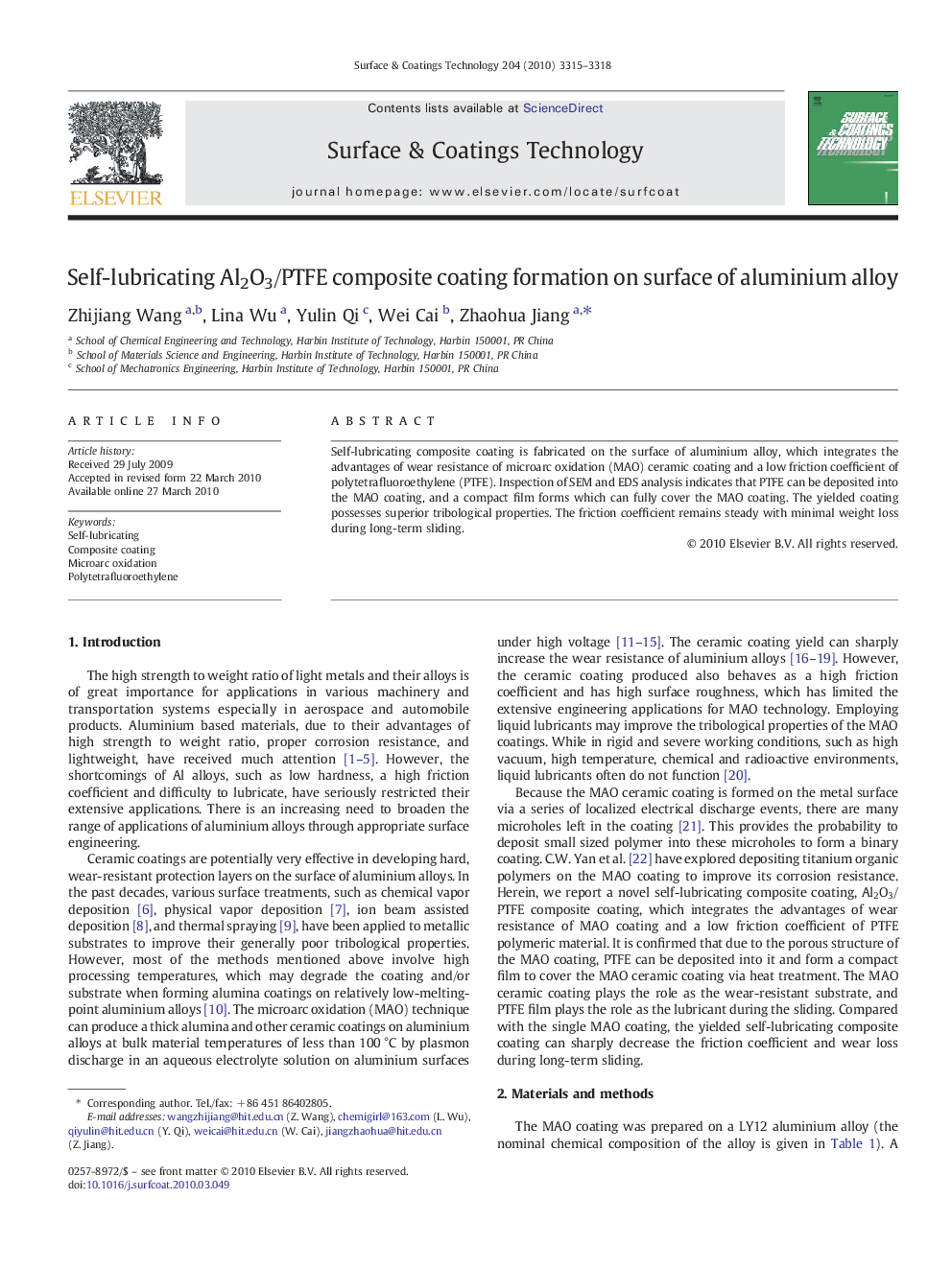 Self-lubricating Al2O3/PTFE composite coating formation on surface of aluminium alloy