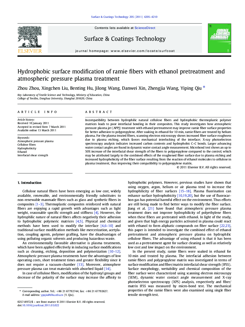 Hydrophobic surface modification of ramie fibers with ethanol pretreatment and atmospheric pressure plasma treatment