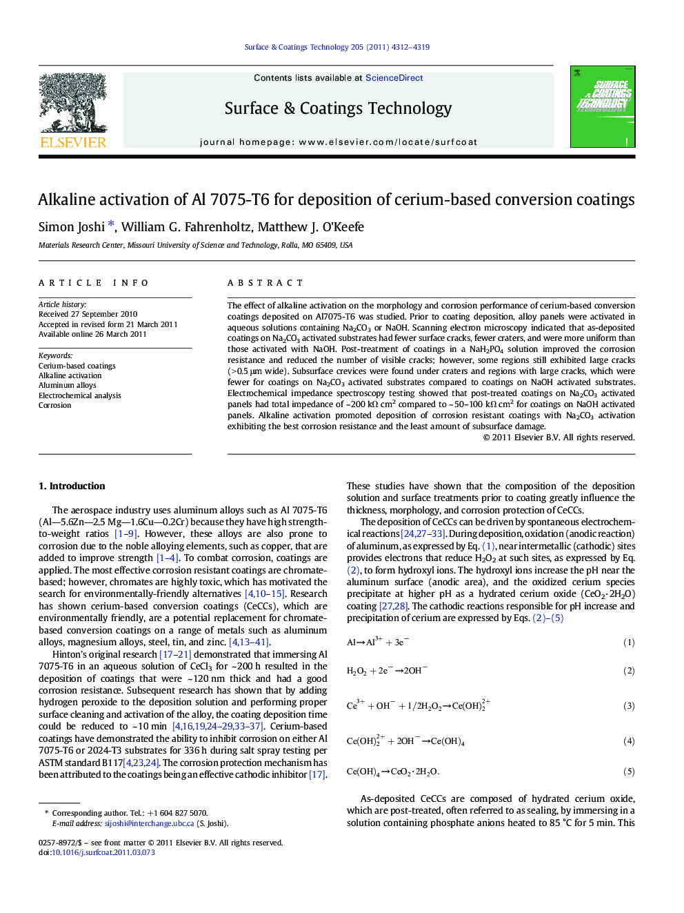 Alkaline activation of Al 7075-T6 for deposition of cerium-based conversion coatings