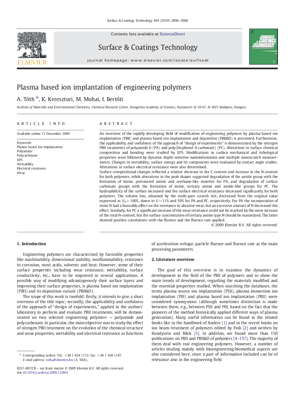 Plasma based ion implantation of engineering polymers