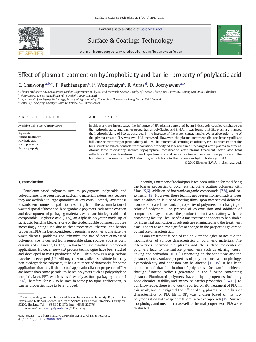 Effect of plasma treatment on hydrophobicity and barrier property of polylactic acid