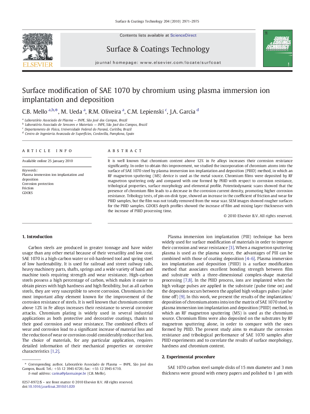 Surface modification of SAE 1070 by chromium using plasma immersion ion implantation and deposition