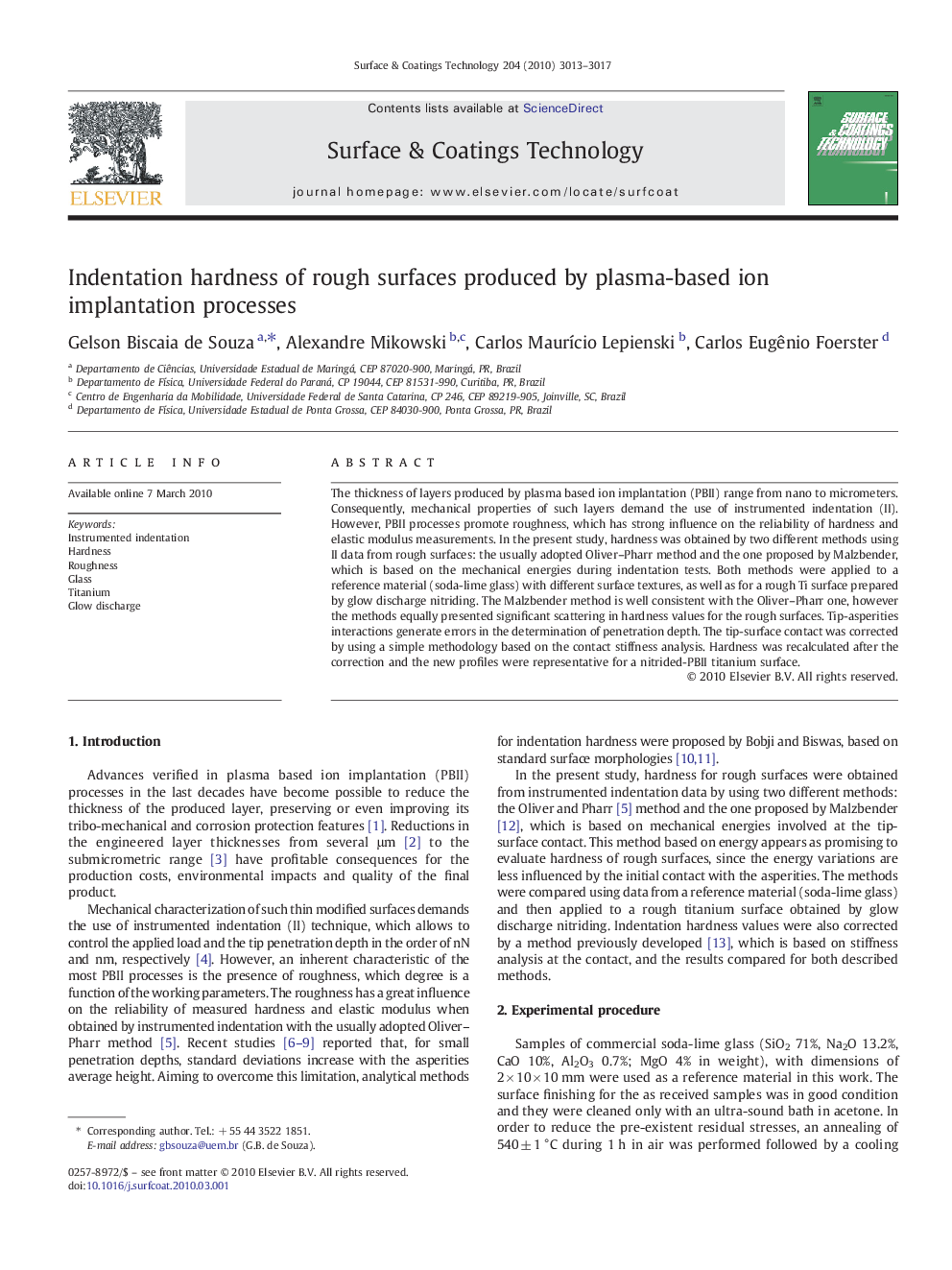 Indentation hardness of rough surfaces produced by plasma-based ion implantation processes