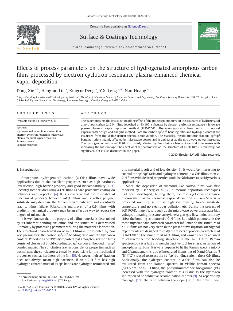 Effects of process parameters on the structure of hydrogenated amorphous carbon films processed by electron cyclotron resonance plasma enhanced chemical vapor deposition