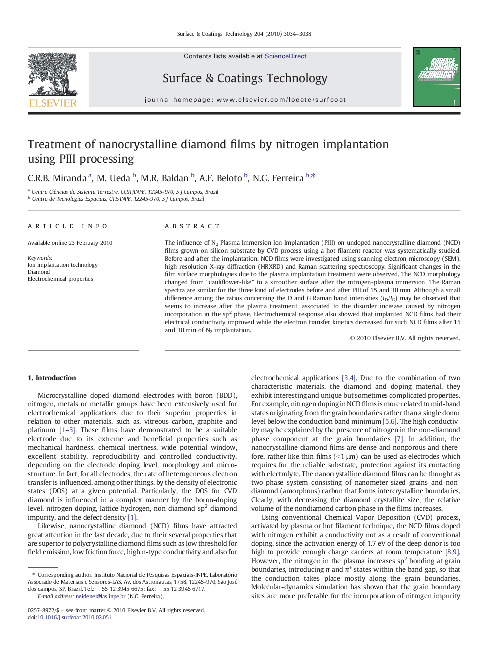 Treatment of nanocrystalline diamond films by nitrogen implantation using PIII processing