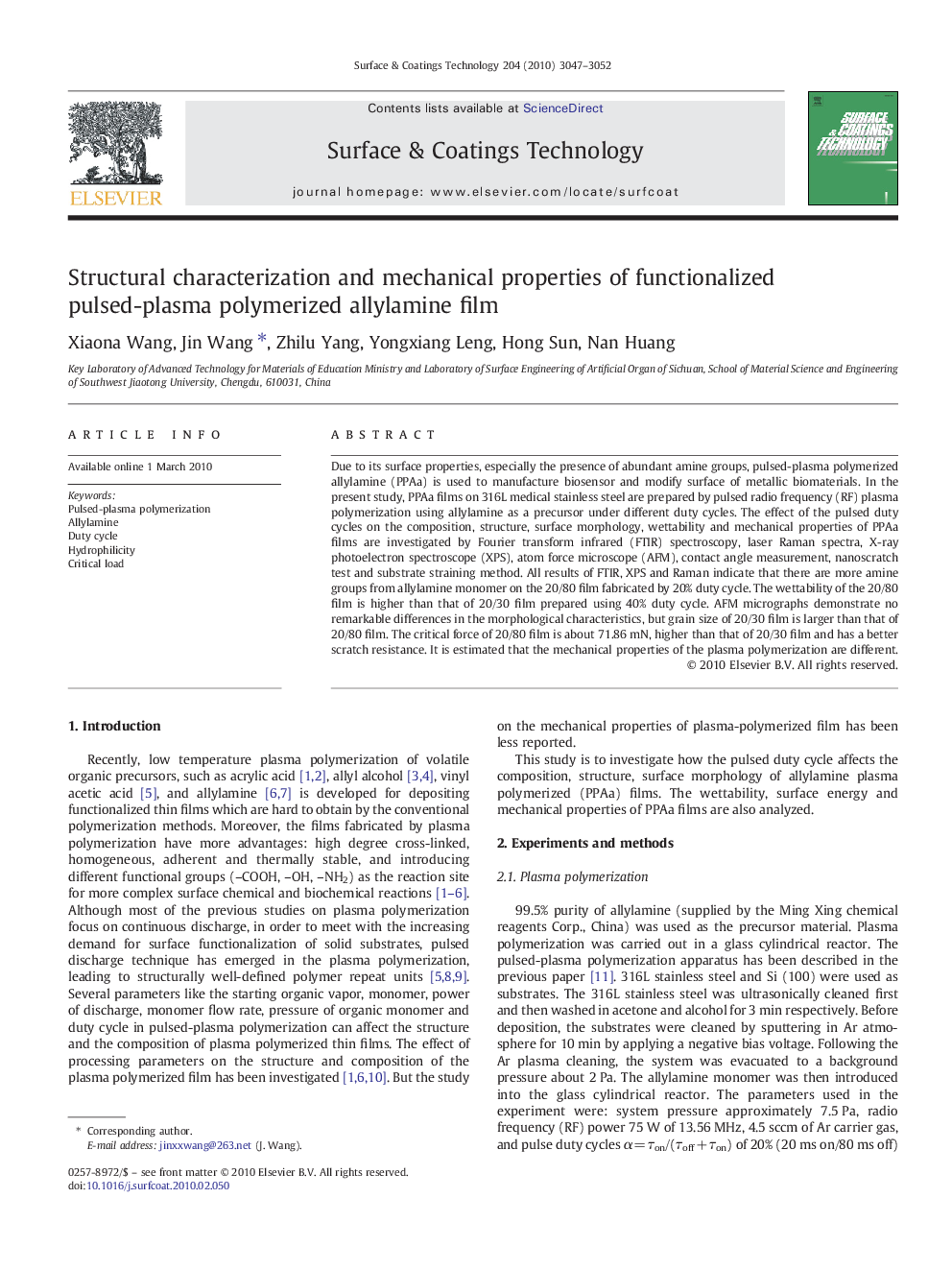 Structural characterization and mechanical properties of functionalized pulsed-plasma polymerized allylamine film