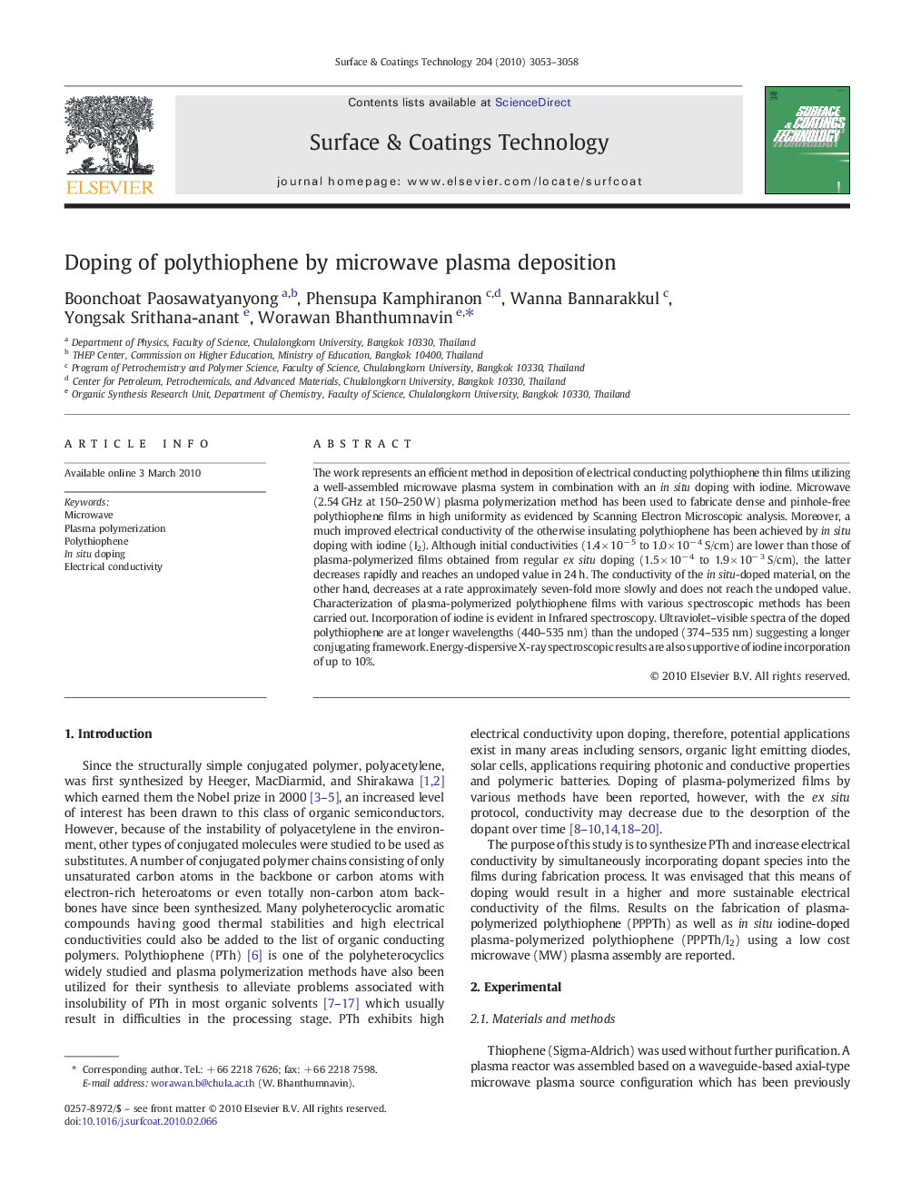 Doping of polythiophene by microwave plasma deposition