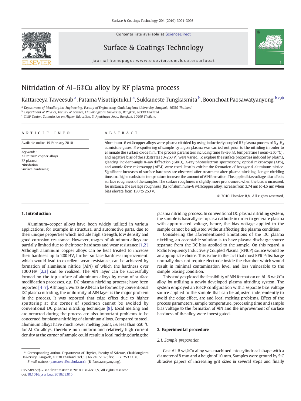 Nitridation of Al-6%Cu alloy by RF plasma process