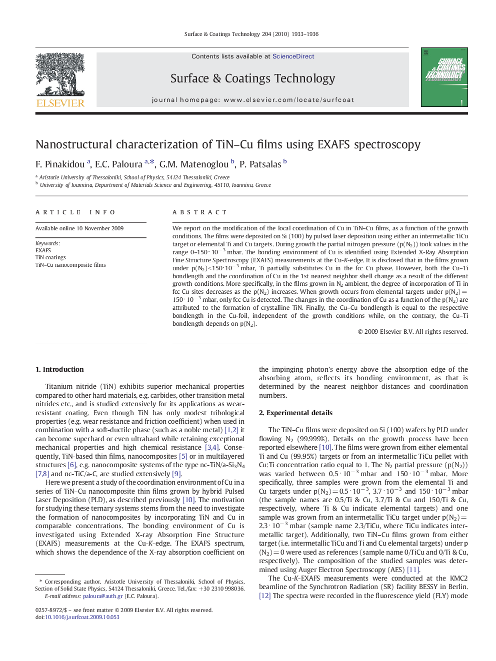 Nanostructural characterization of TiN–Cu films using EXAFS spectroscopy