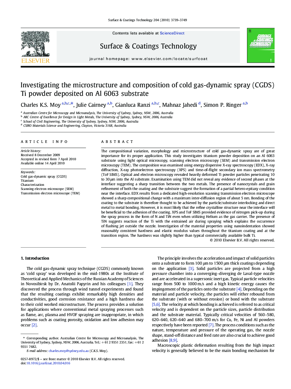 عکس صفحه اول مقاله: Investigating the microstructure and composition of cold gas-dynamic spray (CGDS) Ti powder deposited on Al 6063 substrate Investigating the microstructure and composition of cold gas-dynamic spray (CGDS) Ti powder deposited on Al 6063 substrate