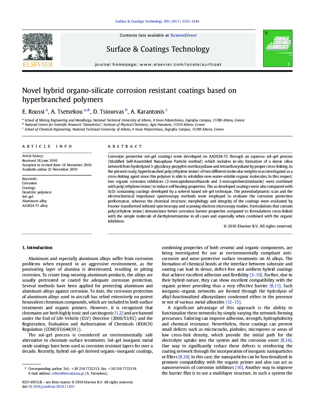 Novel hybrid organo-silicate corrosion resistant coatings based on hyperbranched polymers