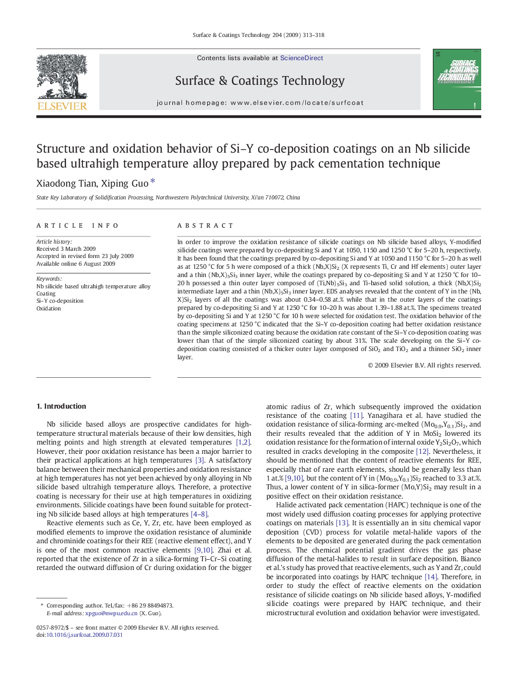 Structure and oxidation behavior of Si–Y co-deposition coatings on an Nb silicide based ultrahigh temperature alloy prepared by pack cementation technique