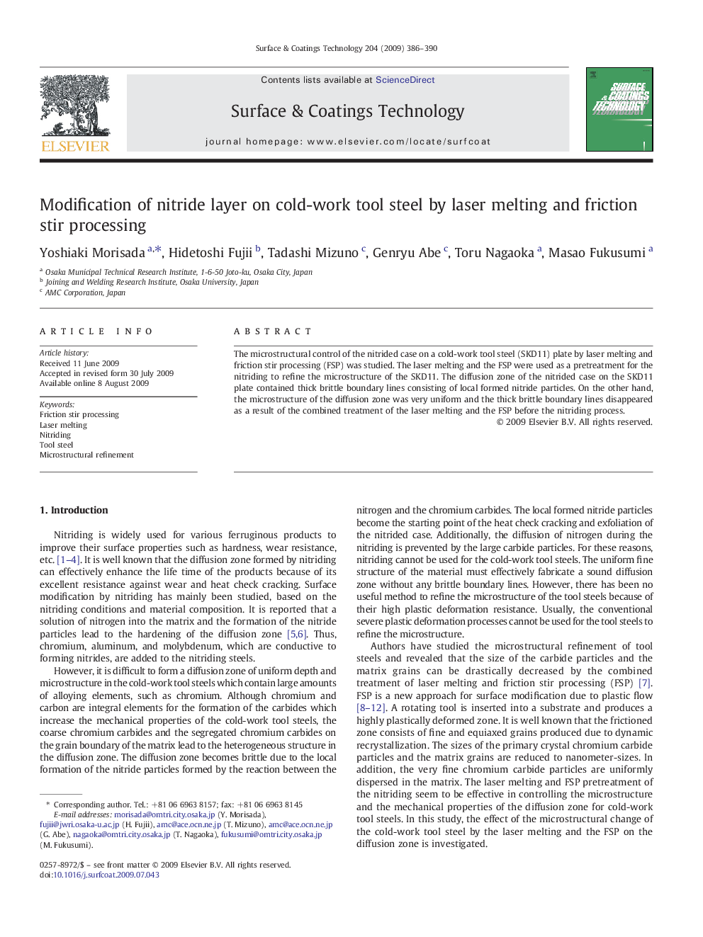 Modification of nitride layer on cold-work tool steel by laser melting and friction stir processing