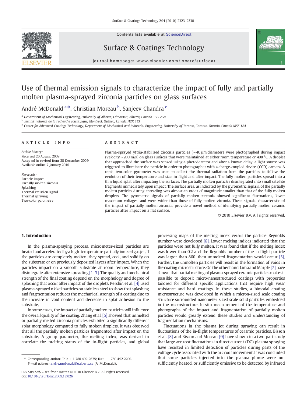 Use of thermal emission signals to characterize the impact of fully and partially molten plasma-sprayed zirconia particles on glass surfaces