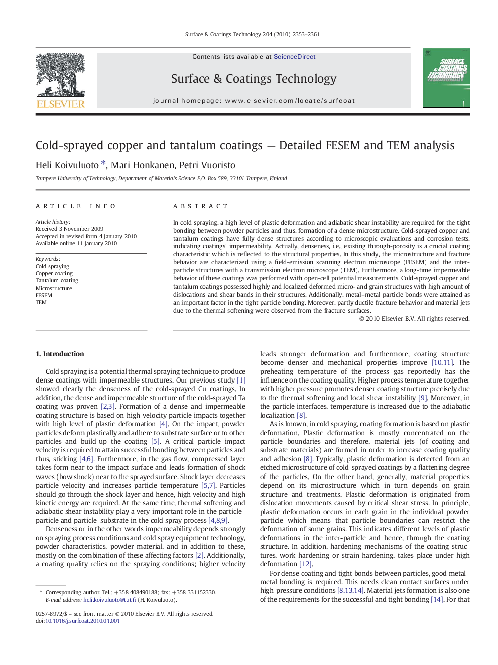 Cold-sprayed copper and tantalum coatings — Detailed FESEM and TEM analysis