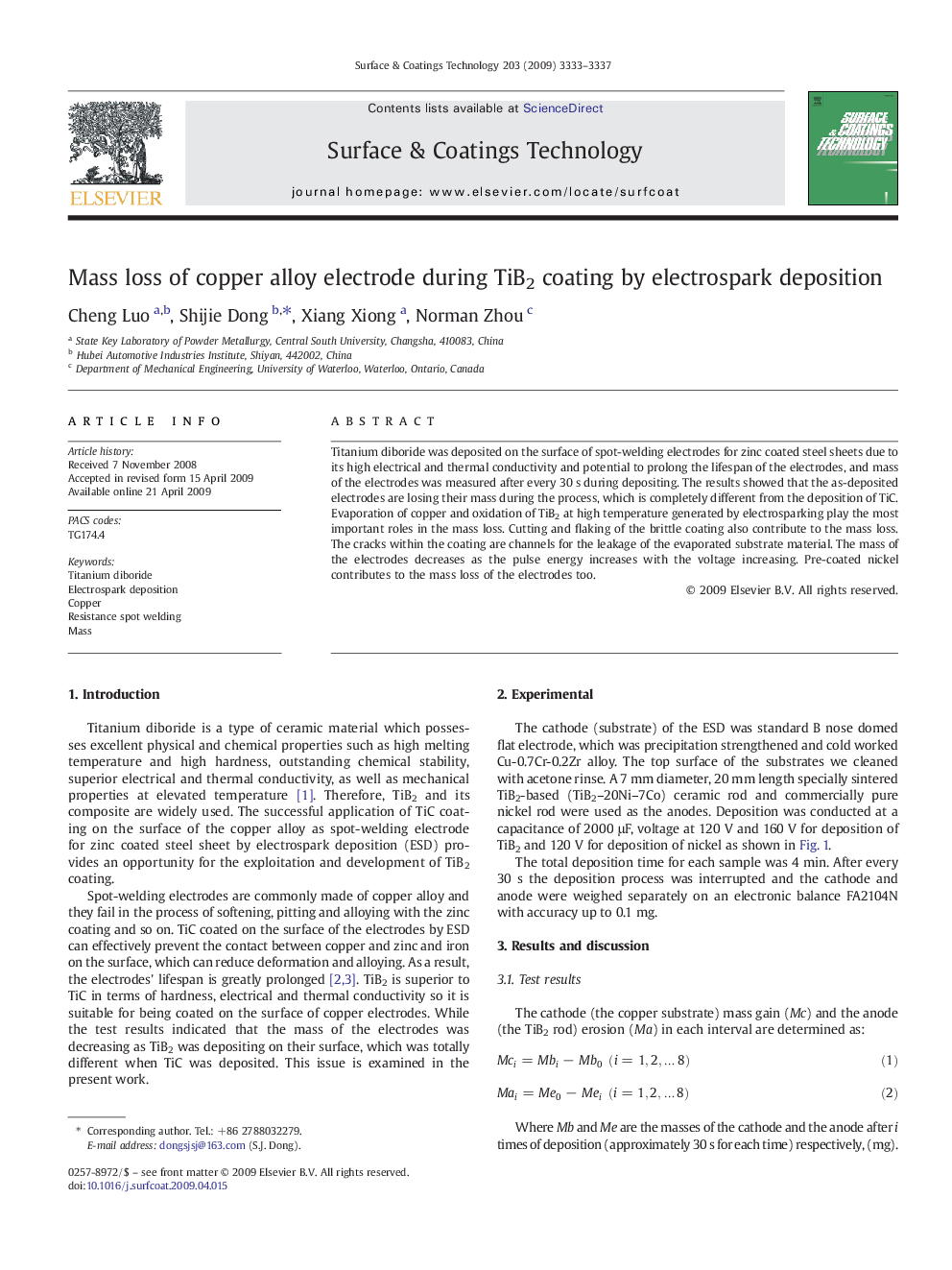 Mass loss of copper alloy electrode during TiB2 coating by electrospark deposition