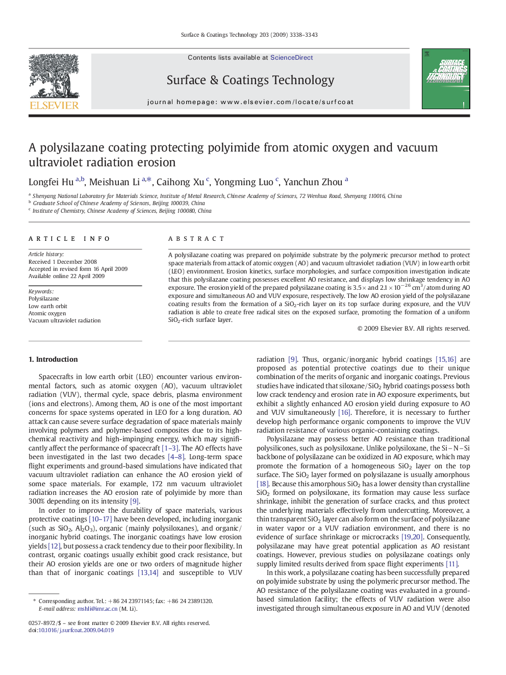 A polysilazane coating protecting polyimide from atomic oxygen and vacuum ultraviolet radiation erosion