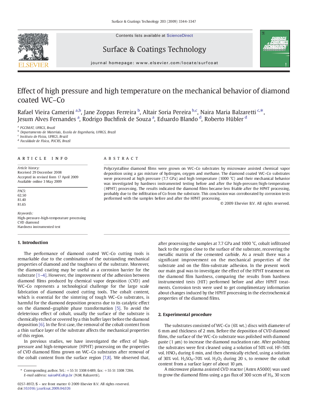 Effect of high pressure and high temperature on the mechanical behavior of diamond coated WC–Co