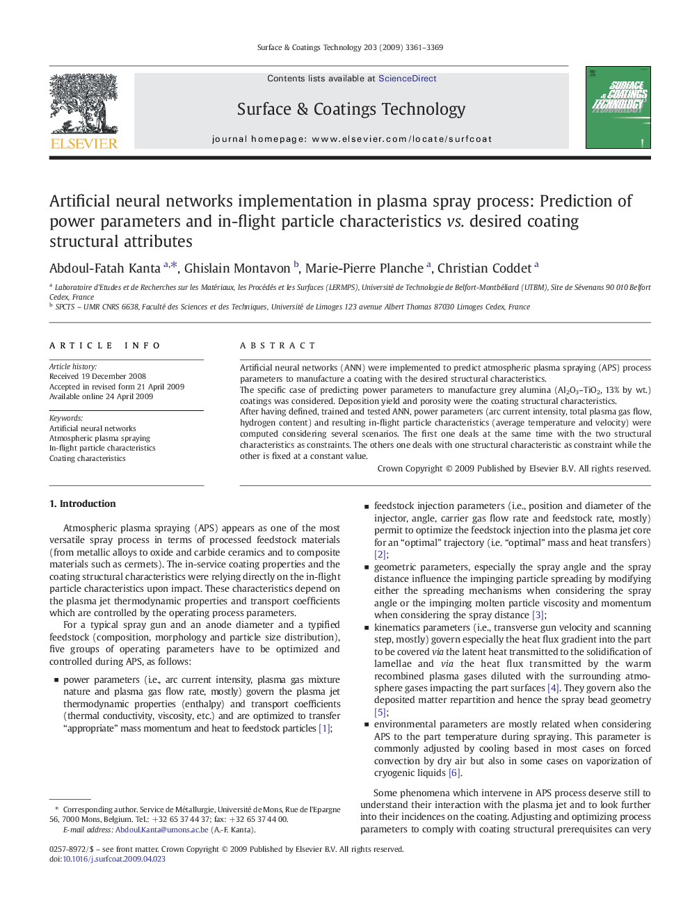 Artificial neural networks implementation in plasma spray process: Prediction of power parameters and in-flight particle characteristics vs. desired coating structural attributes