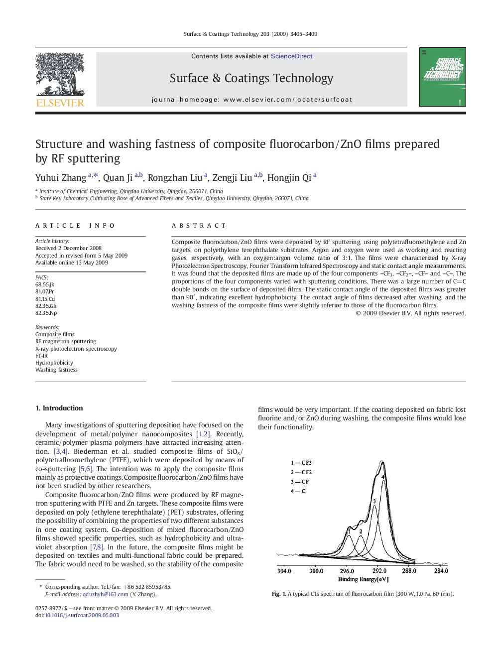 Structure and washing fastness of composite fluorocarbon/ZnO films prepared by RF sputtering