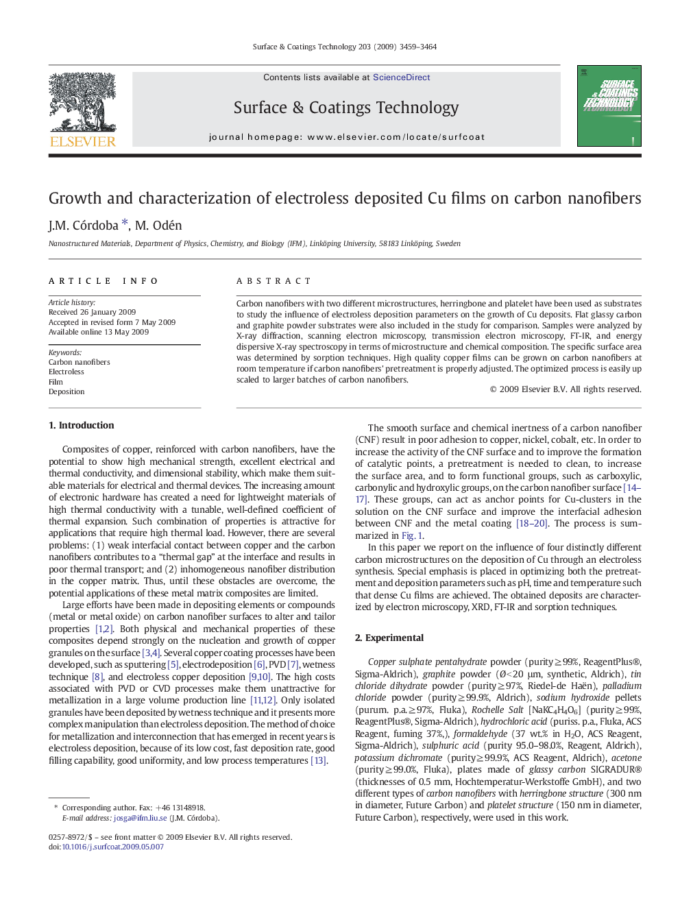 Growth and characterization of electroless deposited Cu films on carbon nanofibers