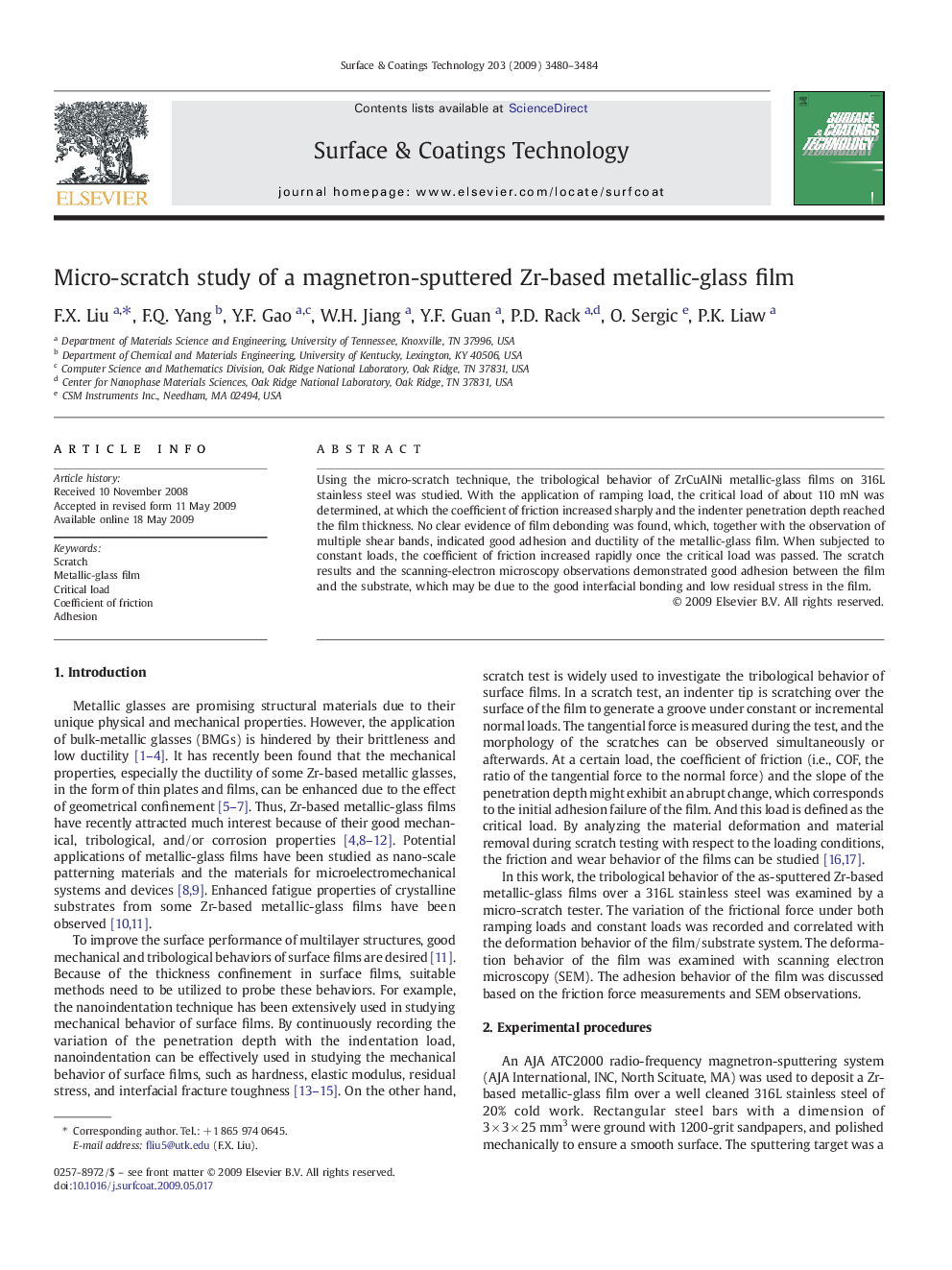 Micro-scratch study of a magnetron-sputtered Zr-based metallic-glass film