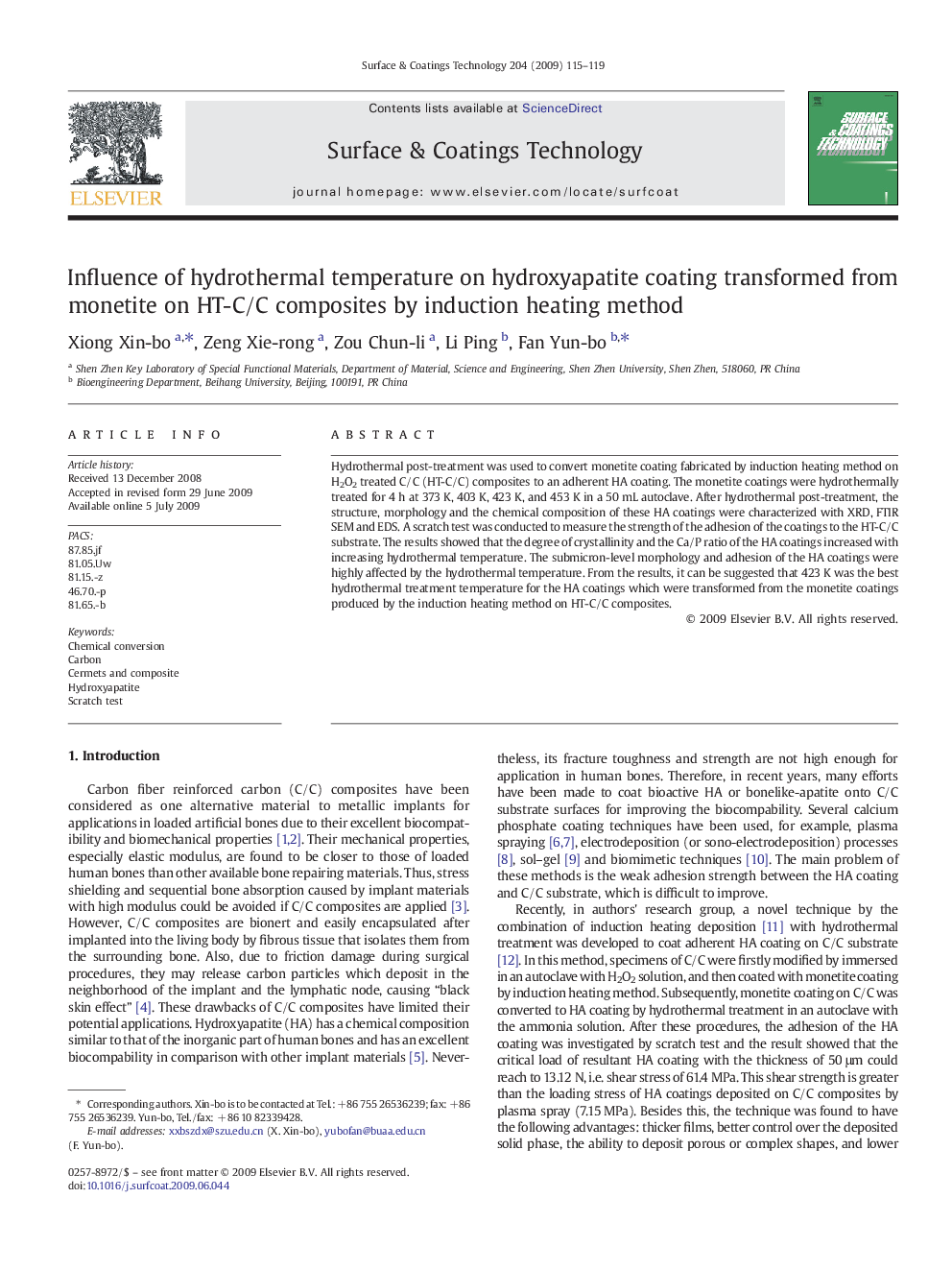 Influence of hydrothermal temperature on hydroxyapatite coating transformed from monetite on HT-C/C composites by induction heating method