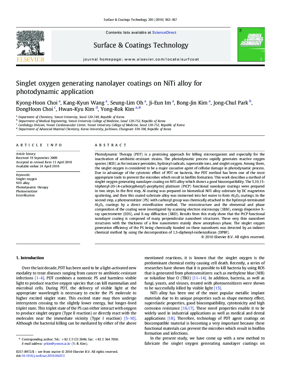 Singlet oxygen generating nanolayer coatings on NiTi alloy for photodynamic application