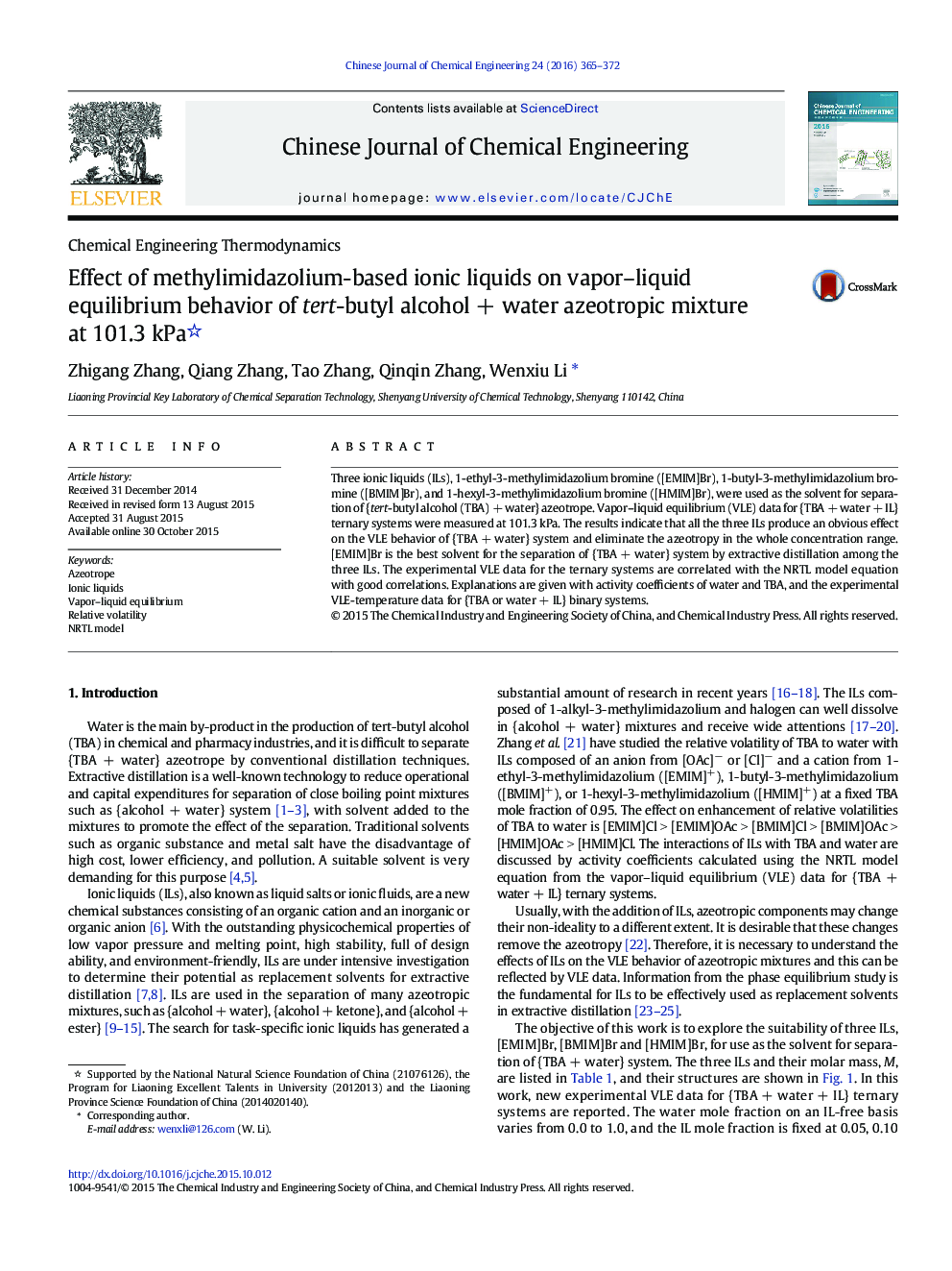 Effect of methylimidazolium-based ionic liquids on vapor–liquid equilibrium behavior of tert-butyl alcohol + water azeotropic mixture at 101.3 kPa 