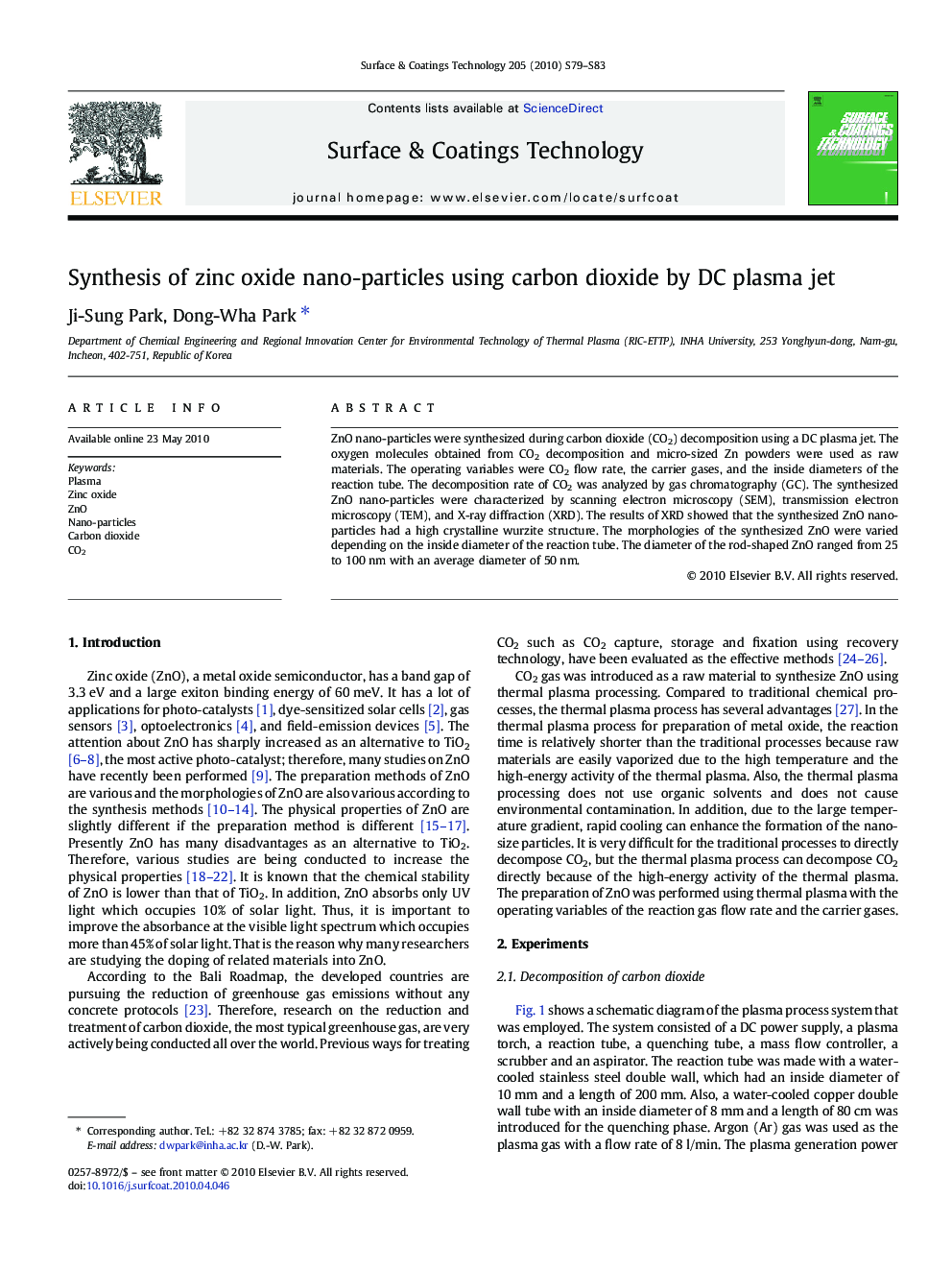 Synthesis of zinc oxide nano-particles using carbon dioxide by DC plasma jet