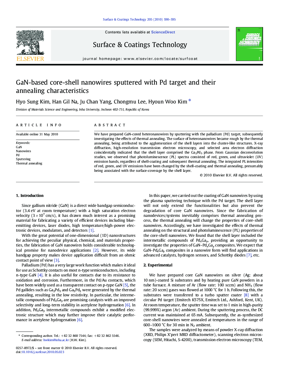 عکس صفحه اول مقاله: GaN-based core-shell nanowires sputtered with Pd target and their annealing characteristics GaN-based core-shell nanowires sputtered with Pd target and their annealing characteristics