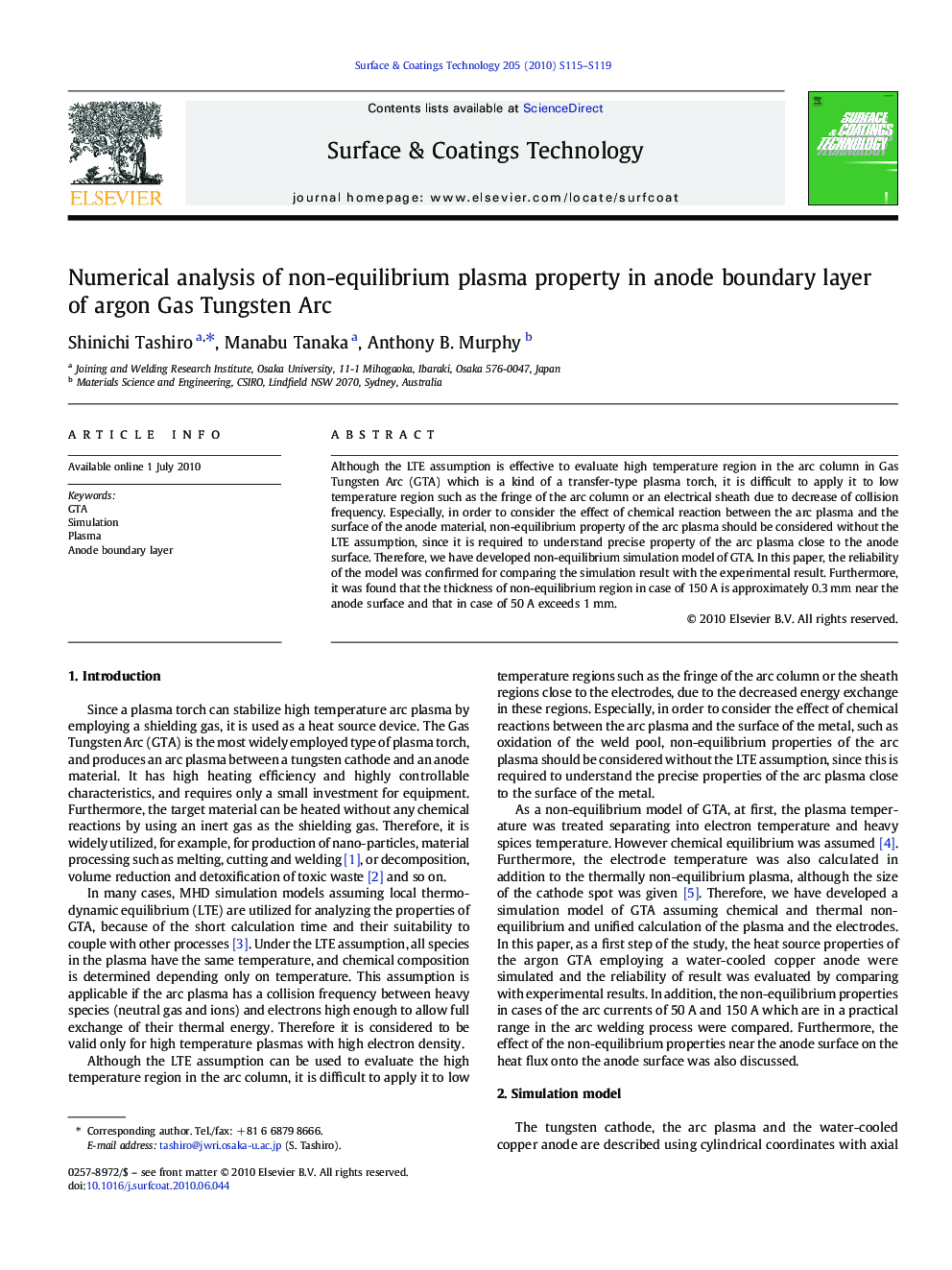 عکس صفحه اول مقاله: Numerical analysis of non-equilibrium plasma property in anode boundary layer of argon Gas Tungsten Arc Numerical analysis of non-equilibrium plasma property in anode boundary layer of argon Gas Tungsten Arc